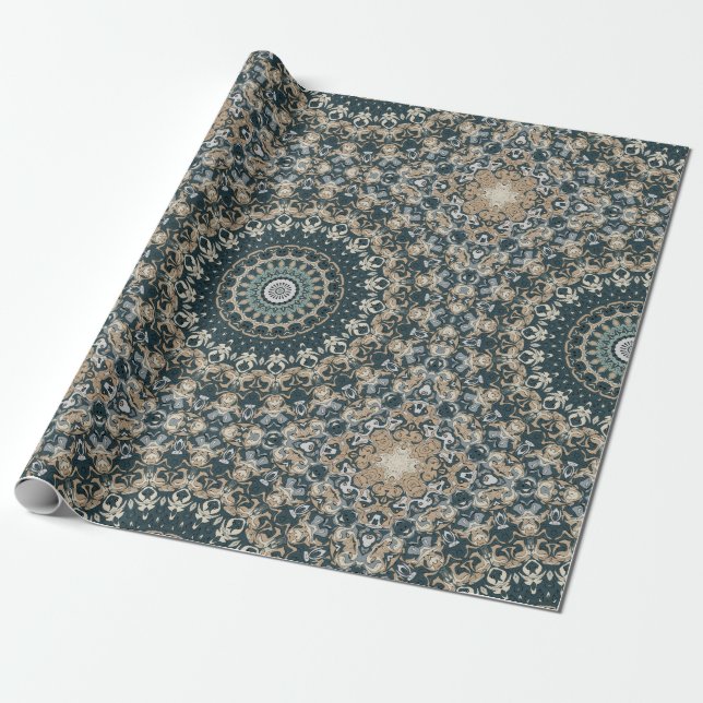 Teal and Beige Mandala Pattern Design Wrapping Paper (Unrolled)