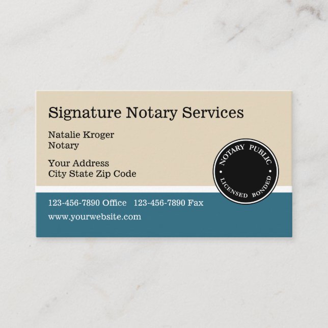 Teal And Beige Notary Public And Emblem Business Card (Front)
