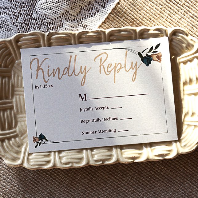 Teal and Beige Roses RSVP Enclosure Card (Wedding RSVP Card with Decorative Botanical Border)