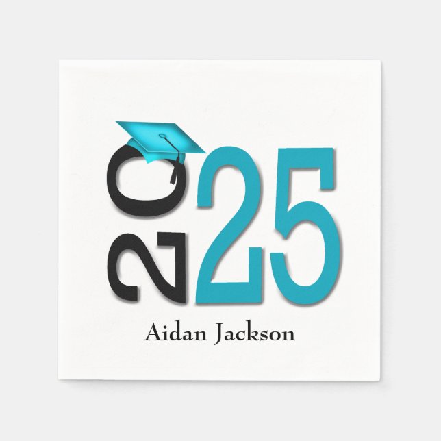 Teal and Black 2025 Graduation with Name Napkin (Front)