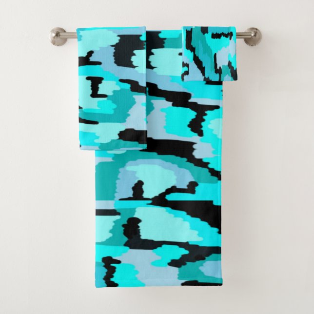 Teal and Black Abstract Print  Bath Towel Set (Insitu)
