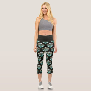 Teal and Black Art Deco Capri Leggings
