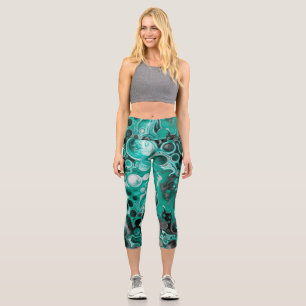 Teal and Black Bubbles Digital Fluid Art Cells  Capri Leggings