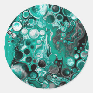 Teal and Black Bubbles Digital Fluid Art Cells    Classic Round Sticker