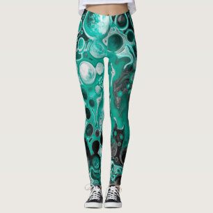Teal and Black Bubbles Digital Fluid Art Cells  Leggings