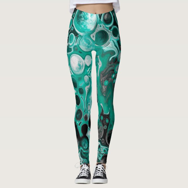 Teal and Black Bubbles Digital Fluid Art Cells  Leggings (Front)