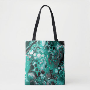 Teal and Black Bubbles Digital Fluid Art Cells   Tote Bag