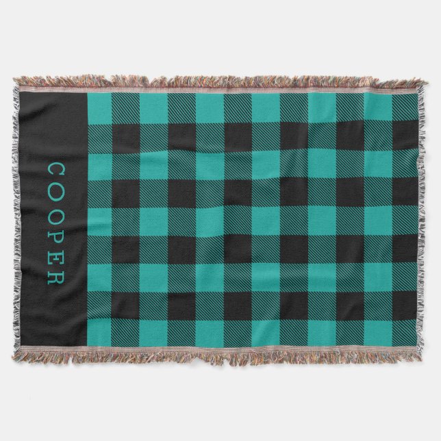 Teal and Black Buffalo Check Monogram Throw Blanket (Front)