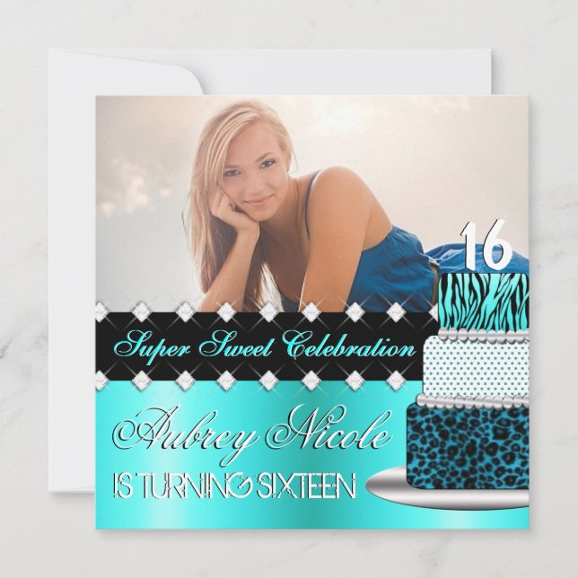 Teal and Black Chic Cake Photo Invitation (Front)