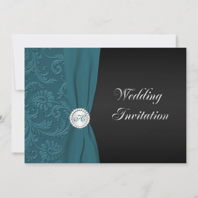 Teal and Black Damask Monogram Wedding Invitation (Front)