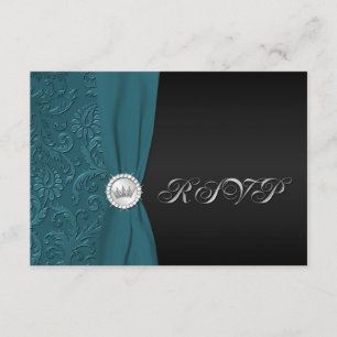 Teal and Black Damask Quinceanera RSVP Card