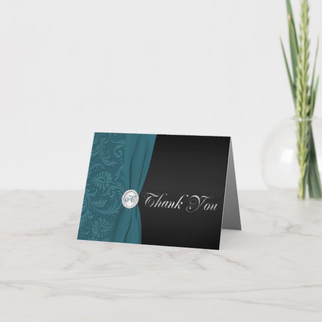 Teal and Black Damask Thank You Note Card (Front)