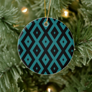 Teal and black diamond pattern ceramic ornament