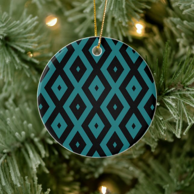 Teal and black diamond pattern ceramic ornament (Tree)