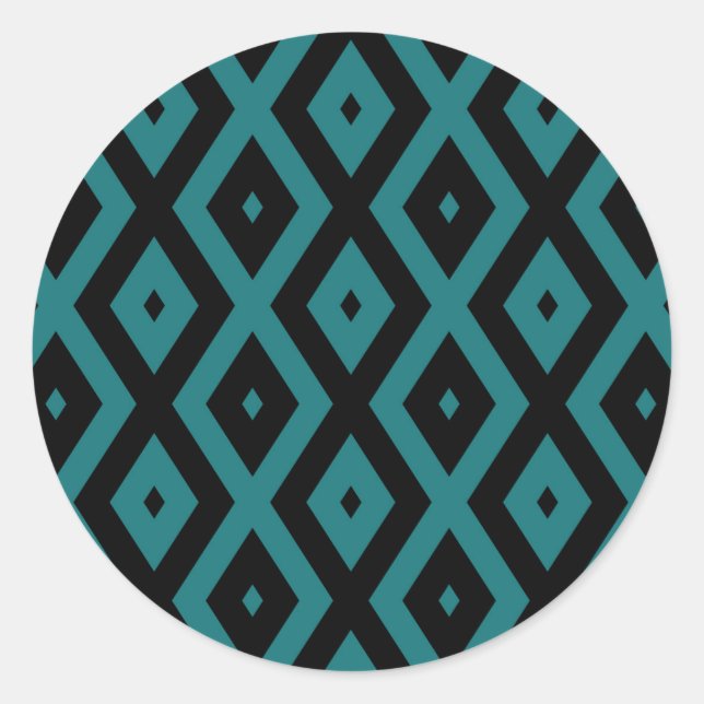 Teal and black diamond pattern classic round sticker (Front)