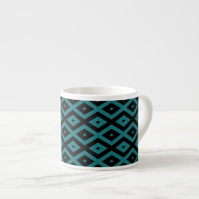 Teal and black diamond pattern espresso cup (Front Right)