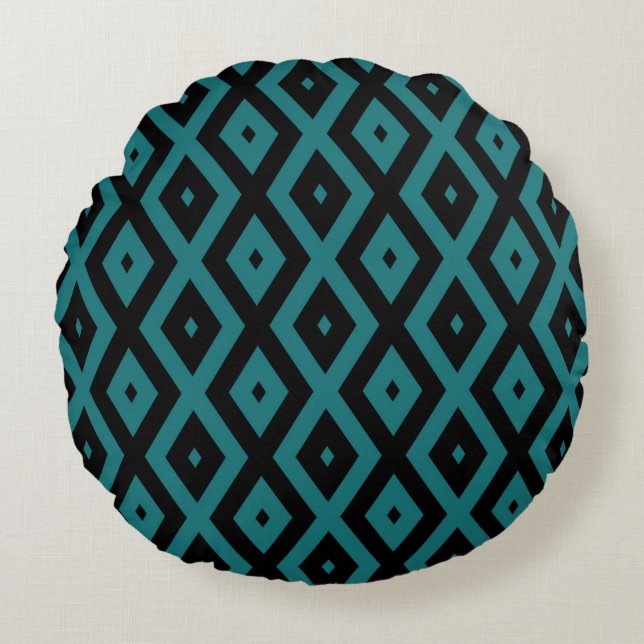 Teal and black diamond pattern round cushion (Front)