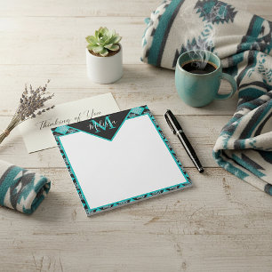 Teal and black Ethnic squares personalised Notepad