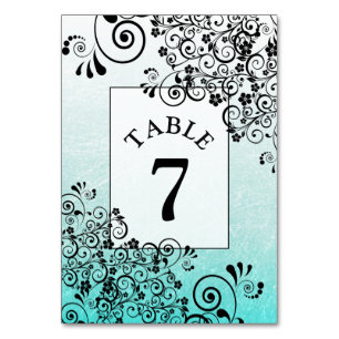 Teal and Black Fancy Wedding Table Number Card