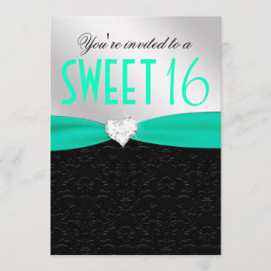 Teal and Black Floral Damask Diamond Heart Invitation