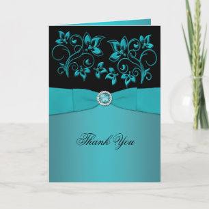 Teal and Black Floral Jewelled Thank You Card