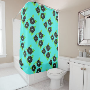 Teal And Black Flowered Shower Curtain