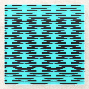 Teal and black geometric patterned glass coaster