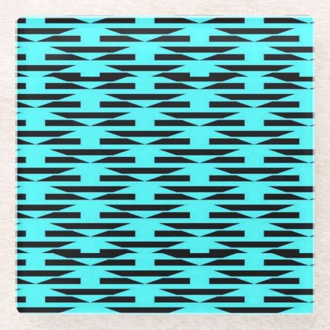 Teal and black geometric patterned glass coaster (Front)