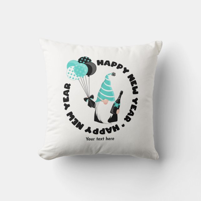 Teal and Black Gnome Celebrating New Year Cushion (Front)