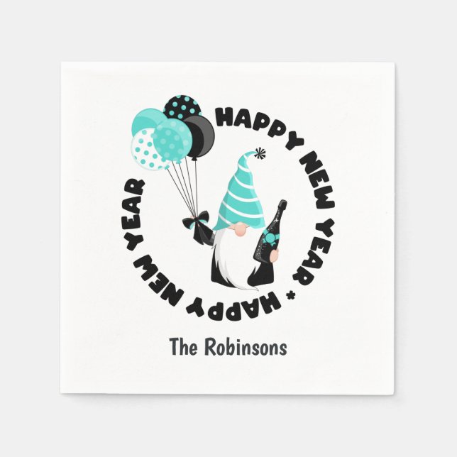 Teal and Black Gnome Celebrating New Year Napkin (Front)