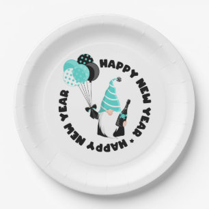 Teal and Black Gnome Celebrating New Year Paper Plate
