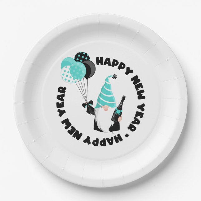 Teal and Black Gnome Celebrating New Year Paper Plate (Front)