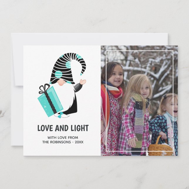 Teal and Black Gnome Happy Holidays Greeting Photo Holiday Card (Front)