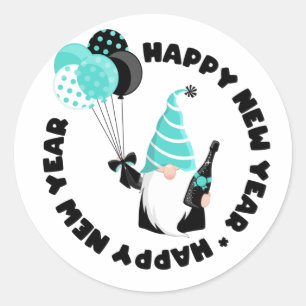 Teal and Black Gnome Happy New Year Classic Round Sticker