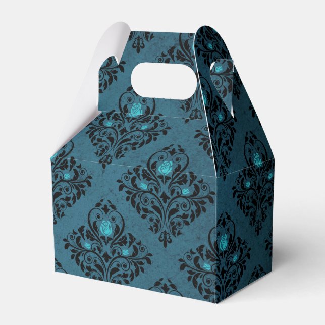 Teal and Black Gothic Roses Damask Favour Box (Front Side)