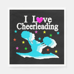 TEAL AND BLACK I LOVE CHEERLEADING PAPER NAPKINS