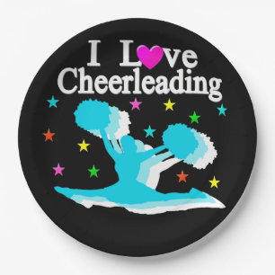 TEAL AND BLACK I LOVE CHEERLEADING PAPER PLATES