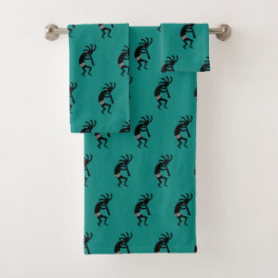 Teal And Black Kokopelli Southwest Design Bath Towel Set