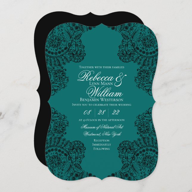 Teal and Black Lace Elegant Gothic Wedding Invitation (Front/Back)