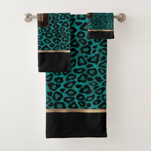 Teal and Black Leopard Pattern with Monogram Bath Towel Set (Insitu)