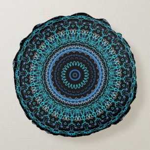 Teal and Black Mandala Round Cushion