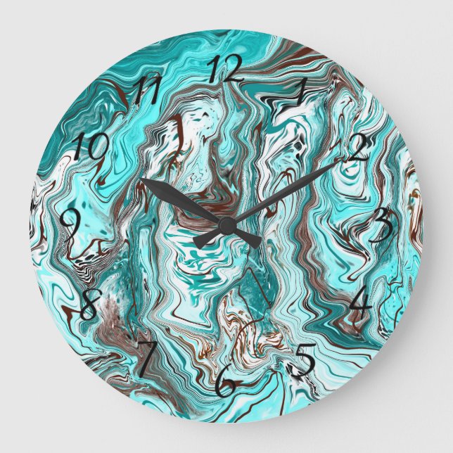 Teal and Black Marble Fluid Art Large Clock (Front)