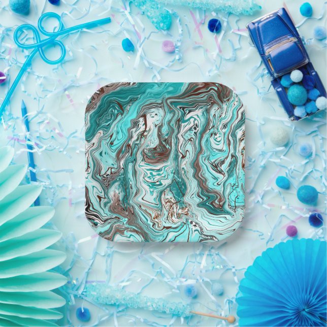 Teal and Black Marble Fluid Art Paper Plate (Party)
