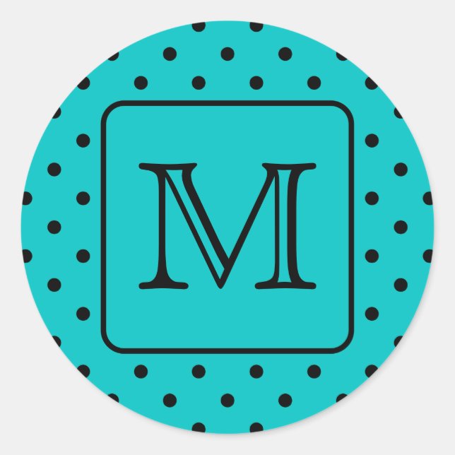 Teal and Black Polka Dot Pattern. Custom Monogram. Classic Round Sticker (Front)