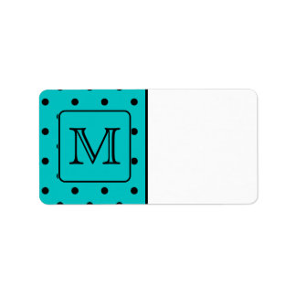 Teal and Black Polka Dot Pattern. Custom Monogram. Label