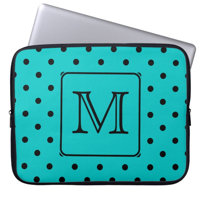 Teal and Black Polka Dot Pattern. Custom Monogram. Laptop Sleeve (Front)