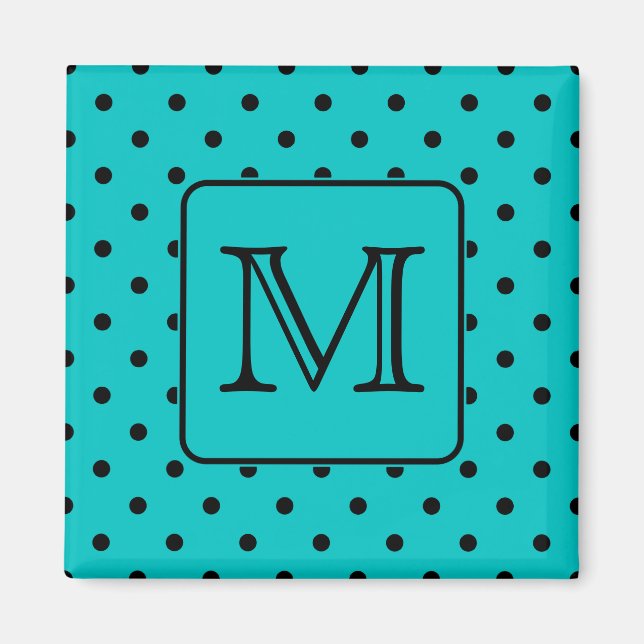 Teal and Black Polka Dot Pattern. Custom Monogram. Magnet (Front)