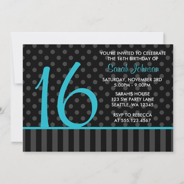 Teal and Black Polka Dot Stripes Sweet 16 Birthday Invitation (Front)