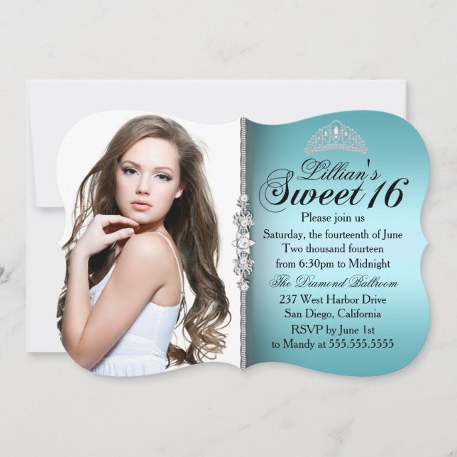 Teal and Black Princess Tiara Sweet 16 Birthday Invitation (Front)