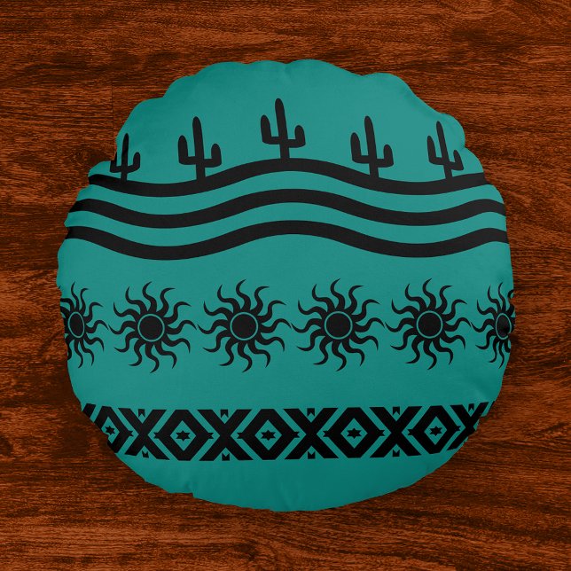 Teal And Black Southwestern Pattern Round Cushion (Creator Uploaded)